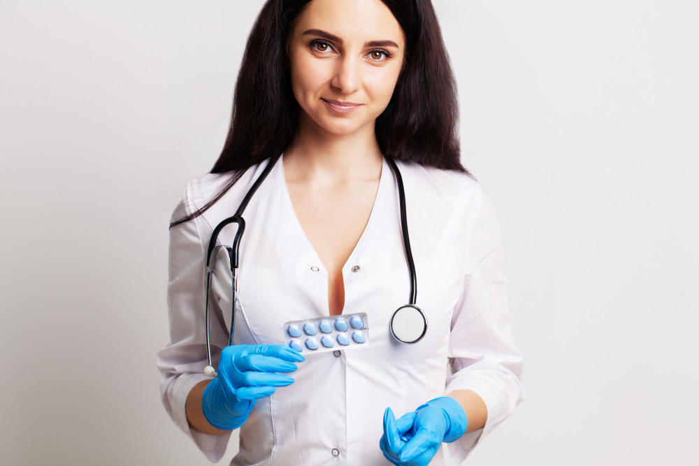 sexual health doctor white coat holding pill healthy sex life men